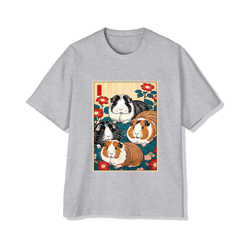 Unisex Japanese-style Guinea Pig Pattern Print Short Sleeved Crew Neck T-shirt - Grey - 2XL - image 3