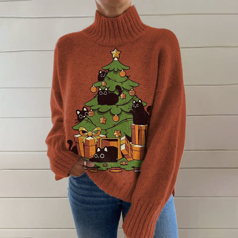 Retro Cat Gifted Christmas Tree Print Turtleneck Pullover Sweater - image 2