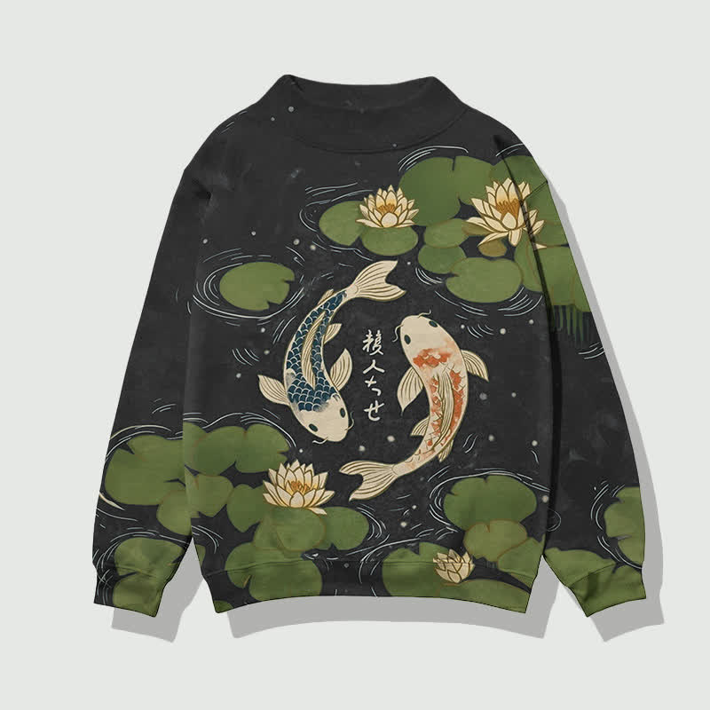 Japanese Koi In The Lotus Pond Pattern Print Mock Neck Sweatshirt - Black - 4XL - image 6