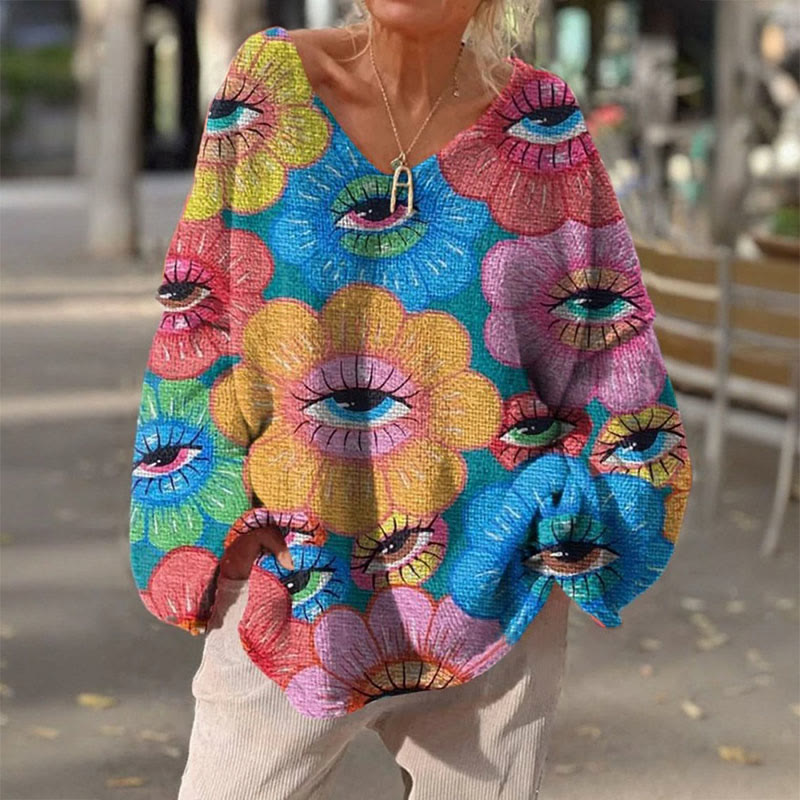 Women's Vintage Hippie Art Abstract Eyes Flower Painting Print Causal V-neck Pullover Sweater - image 2
