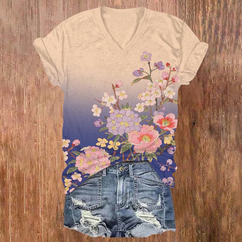 Japanese Flowers Competing For Beauty Art Print V-neck T-shirt - Blue - US32-34(5XL) - image 3