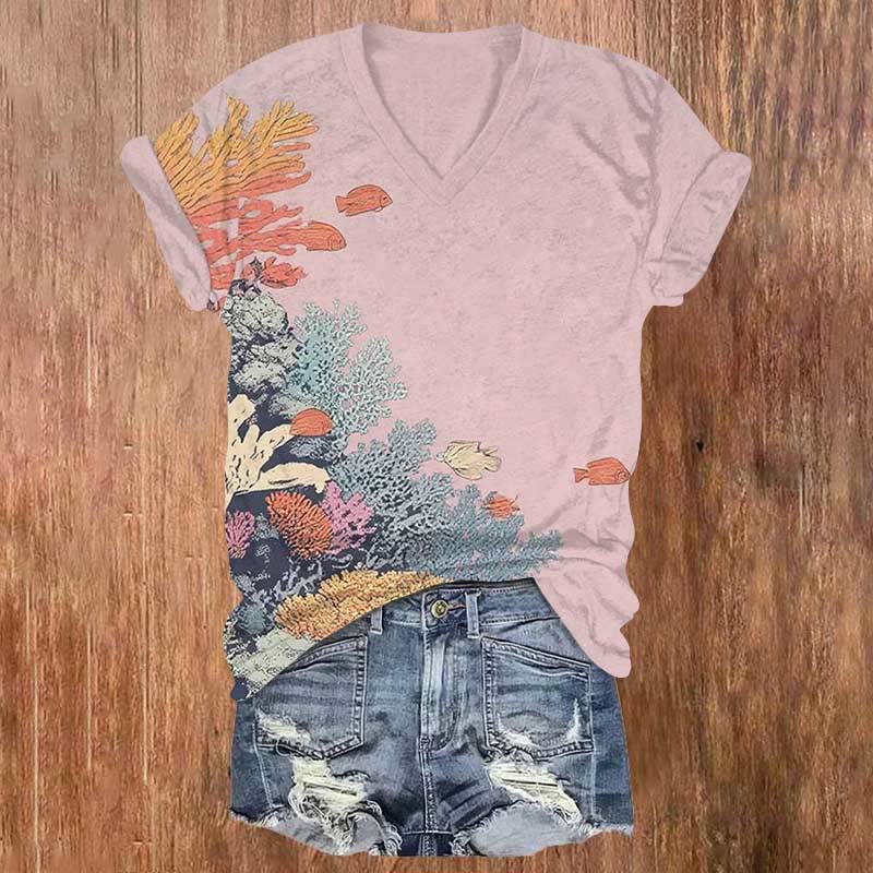 Vintage Marine Plants & Fish Art Print V-neck T-shirt - Pink - US32-34(5XL) - image 3