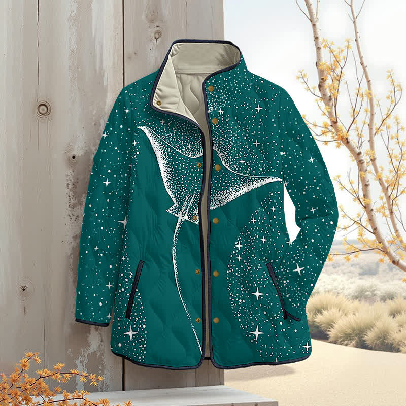 Starry Spotted Eagle Rays Print Outerwear Jackets - Green - 4XL - image 5