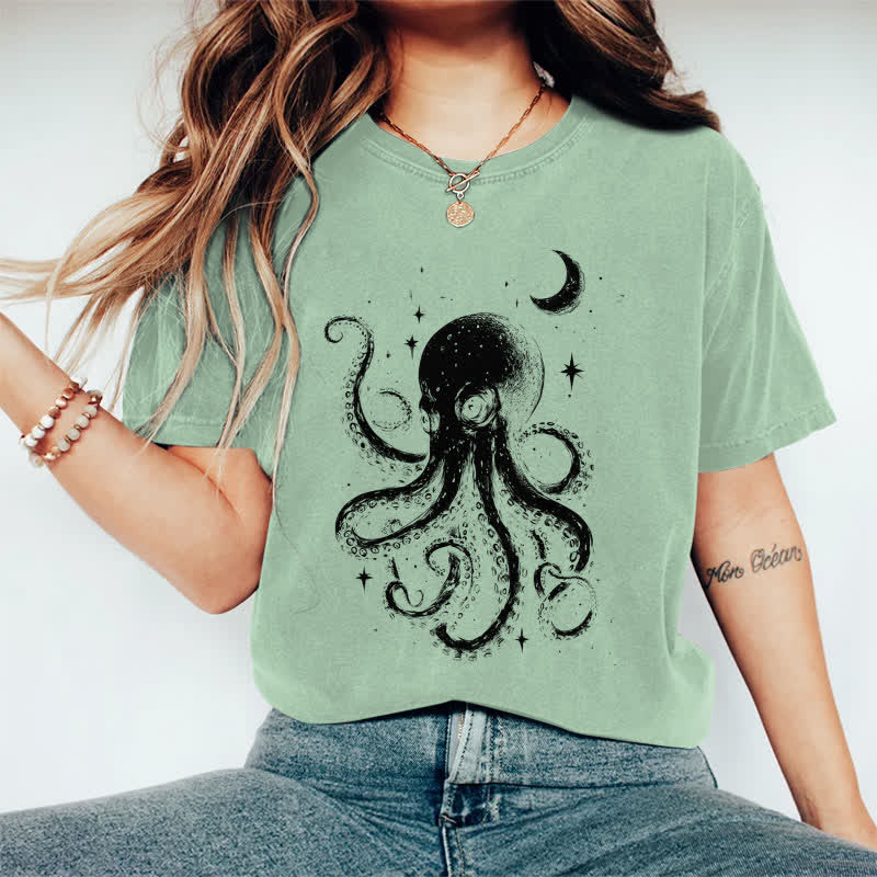 100% Cotton Japanese Watercolor Star & Moon Octopus Art T-shirt - Green - 2XL - image 11