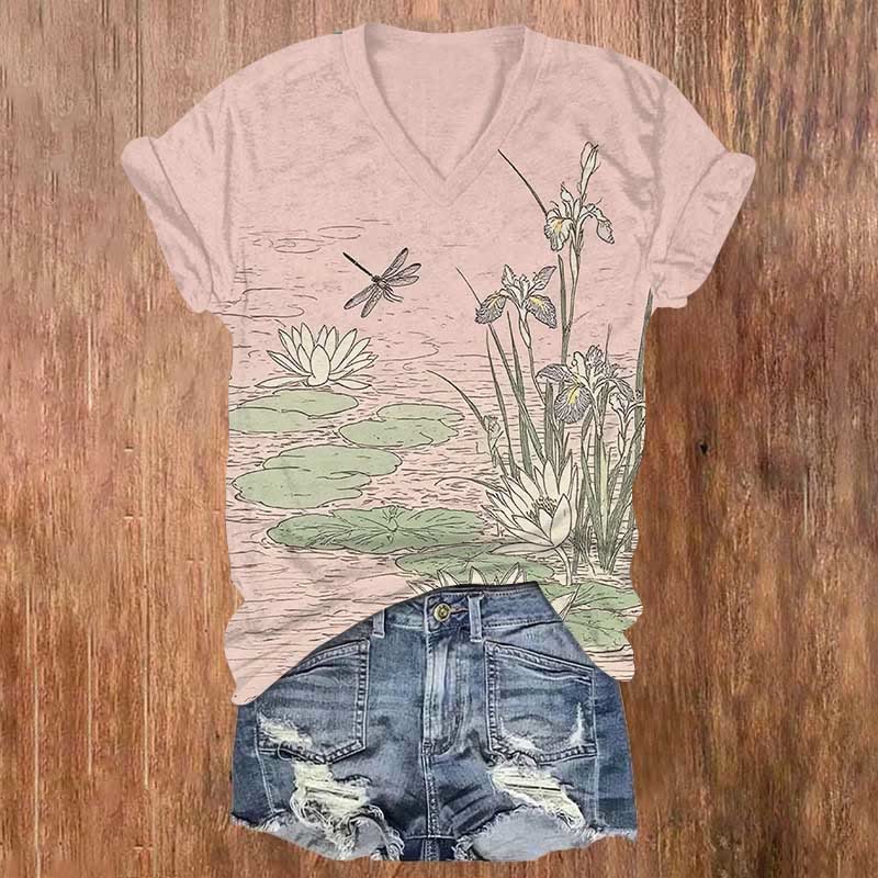 Vintage Lotus Blossom Pond & Dragonfly Art Print V-neck T-shirt - Pink - US32-34(5XL) - image 4