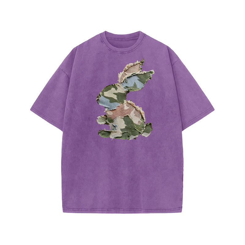 Unisex Easter Camouflage Bunny Irregular Pattern Pattern Art Print Acid Washed T-shirt - Light Purple - US20-22(3XL) - image 7