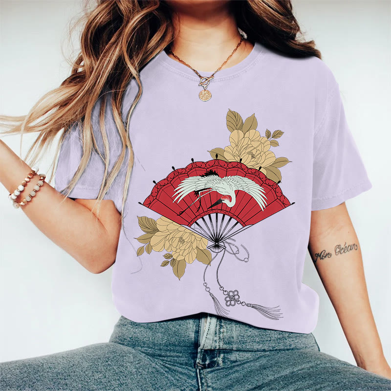 100% Cotton Women's Japanese Style Floral Crane Fan Art Print Casual T-shirt - Purple - 2XL - image 2