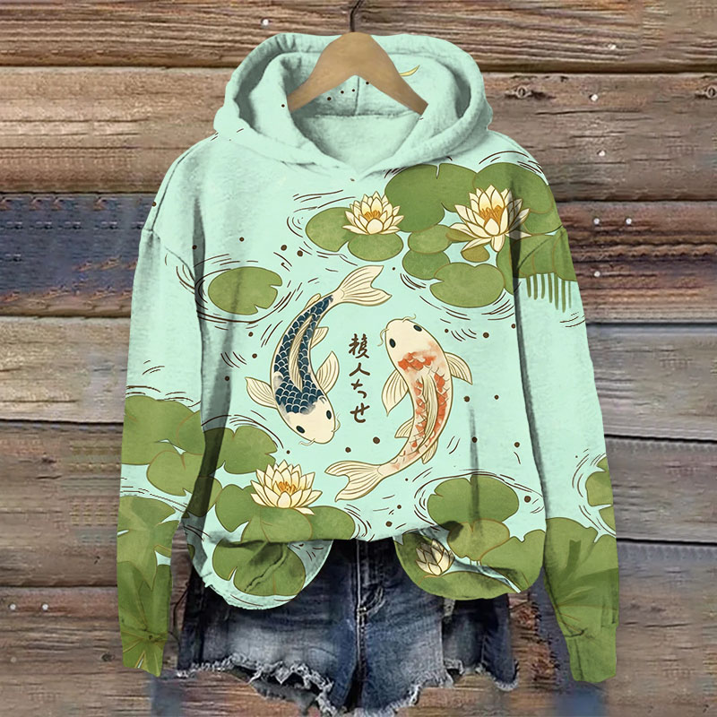 Japanese Koi In The Lotus Pond Print Long Sleeved Hoodie - Mint - US44-46(8XL) - image 5