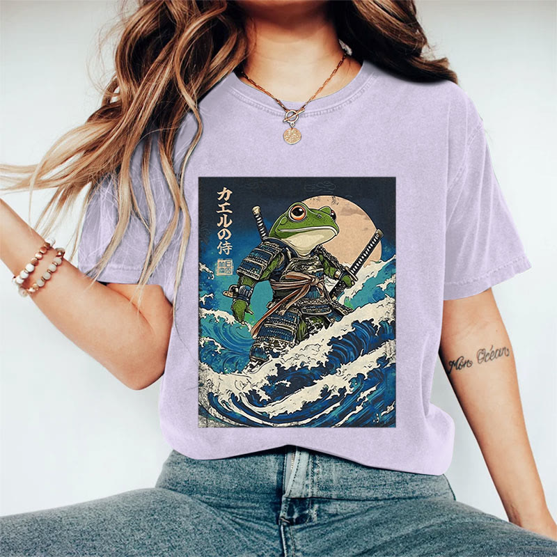 100% Cotton Women's Japanese Ocean Wave Samurai Frog Art Print Casual T-shirt - Purple - 2XL - image 9