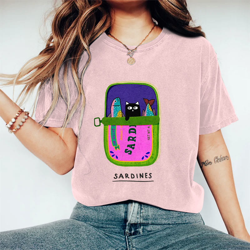 100% Cotton Women's Lovely Black Cat & Sardines Art Print Casual T-shirt - Pink - 2XL - image 7