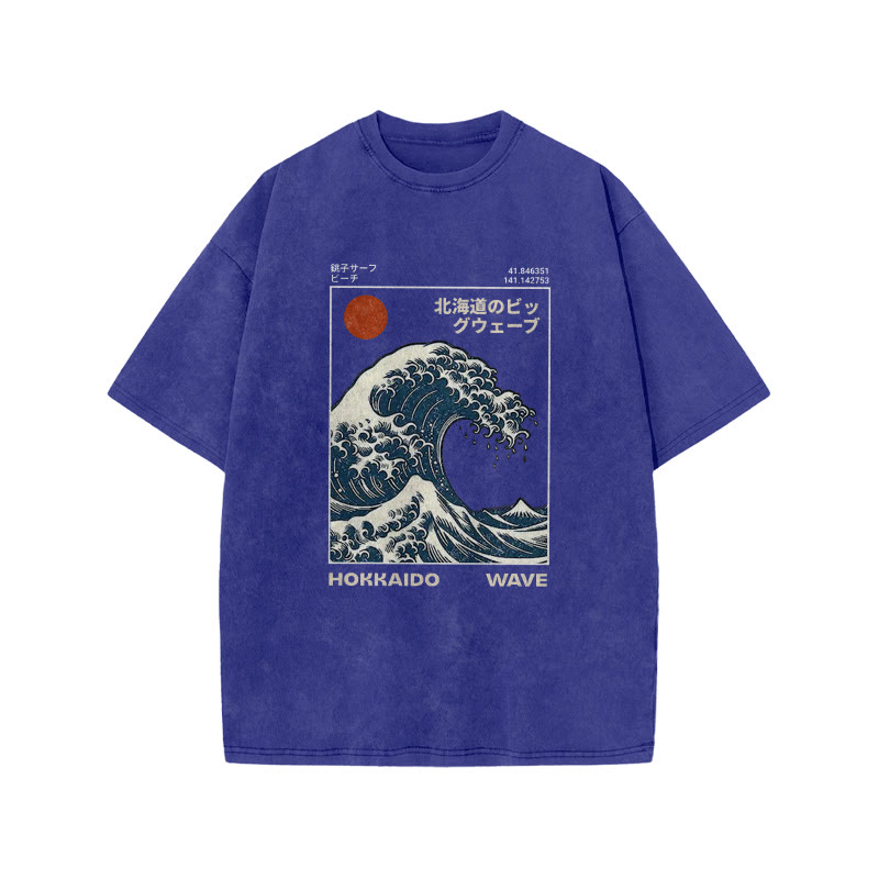 Unisex 100% Cotton Hokkaido Wave Vintage Print Acid Washed T-shirt - Blue - 3XL - image 6