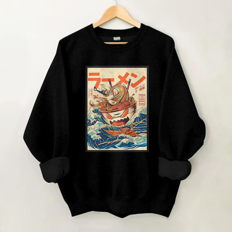 100% Cotton Funny Ramen Wave Art Print Round Neck Casual Fleece Sweatshirt - Black - 2XL - image 2