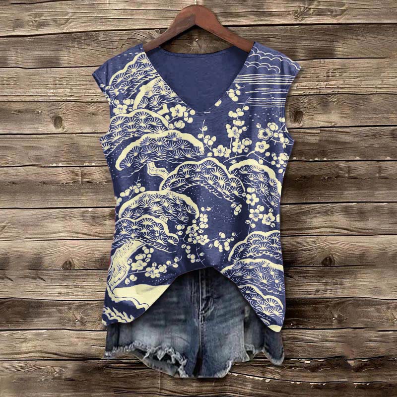 Women's Japanese Art Plum Blossom Print Women's Casual V-neck Tank Top