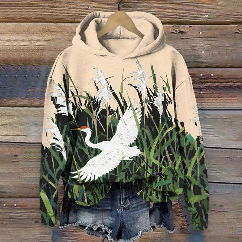 Japanese White Crane Flying Across Reed Marsh Print Long Sleeve Hoodie - Apricot - US44-46(8XL) - image 5