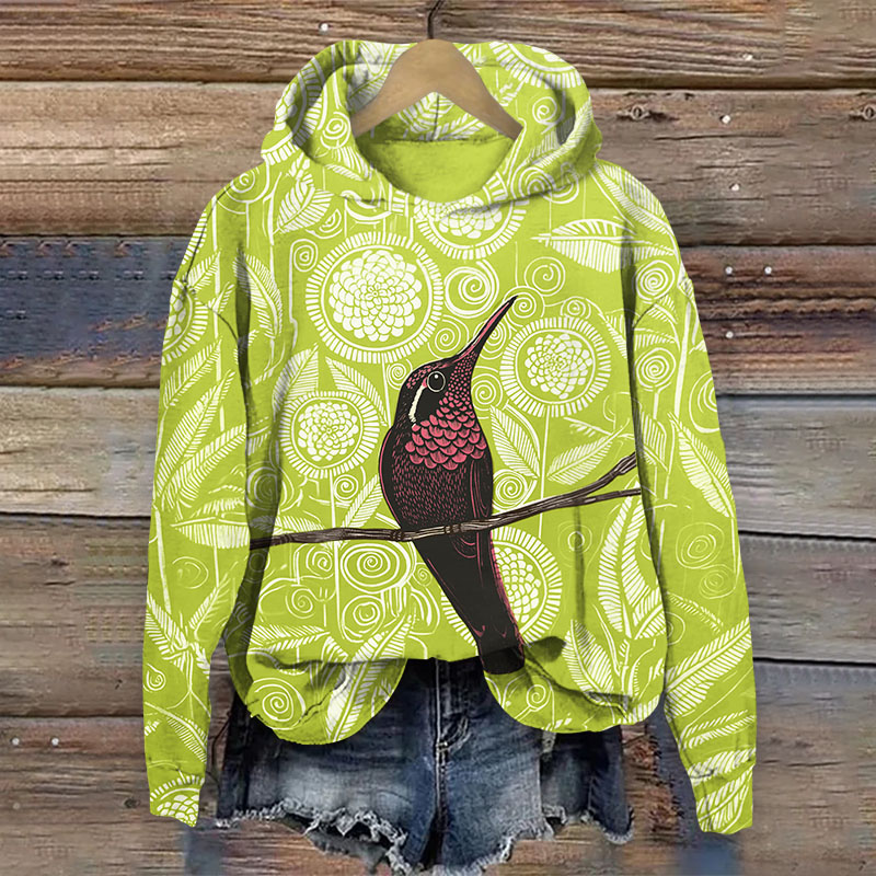 Vintage Geometric Flowers And Birds Pattern Print Long Sleeved Hoodie - Green - US44-46(8XL) - image 3