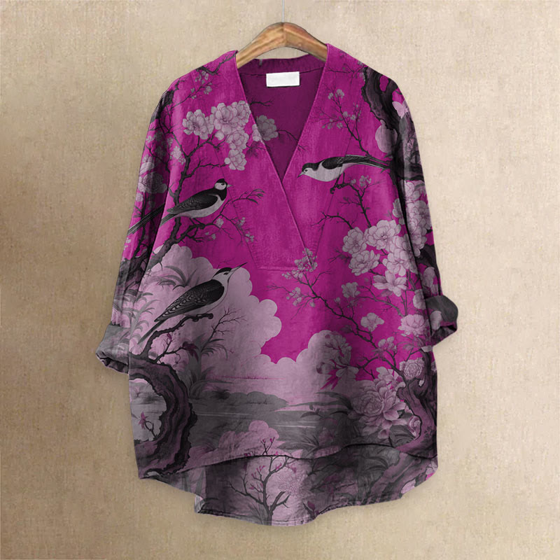 Japanese Flower And Bird Painting Art Printed Casual V-neck Blouse - Purple - 6XL - image 3