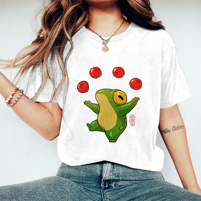 100% Cotton Funny Frog Art Print Casual T-shirt - White - 2XL - image 4