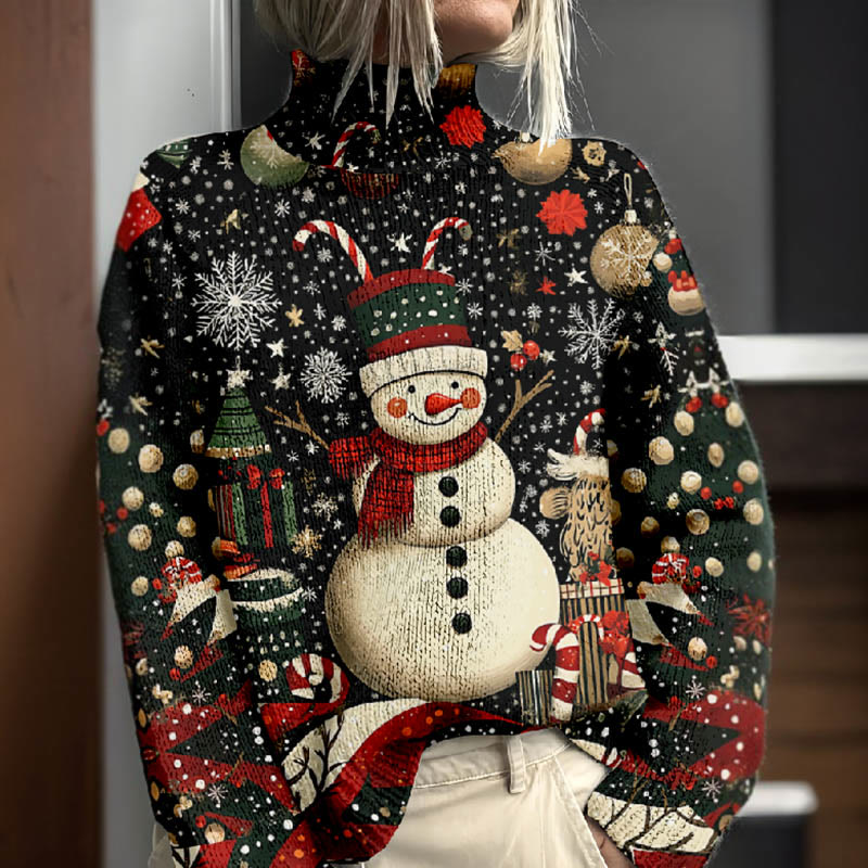 Women's Fantasy Night Gypsophila Christmas Snowman Print Turtleneck Pullover Sweater - image 2