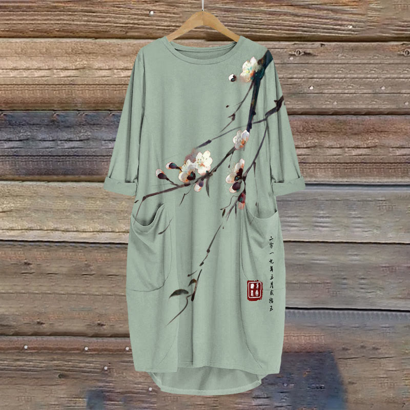 Vintage Plum Blossom Art Print Crew Neck Dress - Light Green - 8XL - image 3