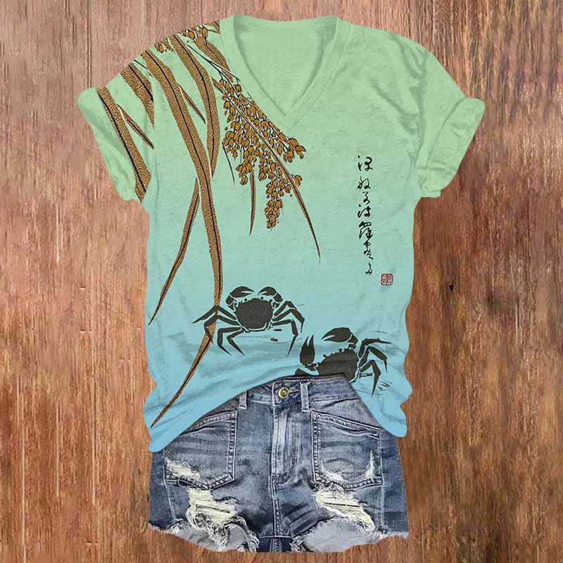Ombre Japanese Vintage Crab In Lake Print V-neck T-shirt - Green - US32-34(5XL) - image 2