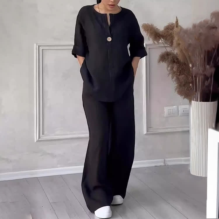 Solid Cozy Notched Collar Long-sleeve Blouse & Wide-leg Pants Set - Black - 5XL - image 7