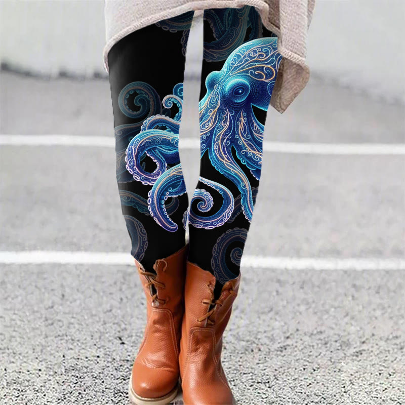Vintage Wise Ocean Octopus Art Print Leggings - Black - 5XL - image 4