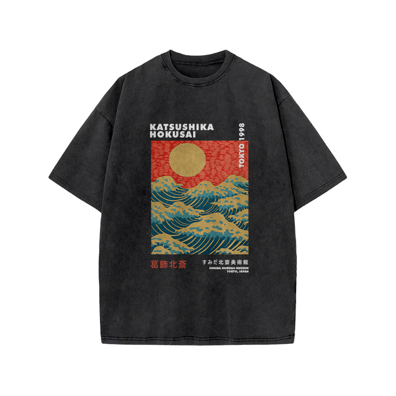 Unisex 100% Cotton Katsushika Hokusai Vintage Print Acid Washed T-shirt - Black - 3XL - image 5