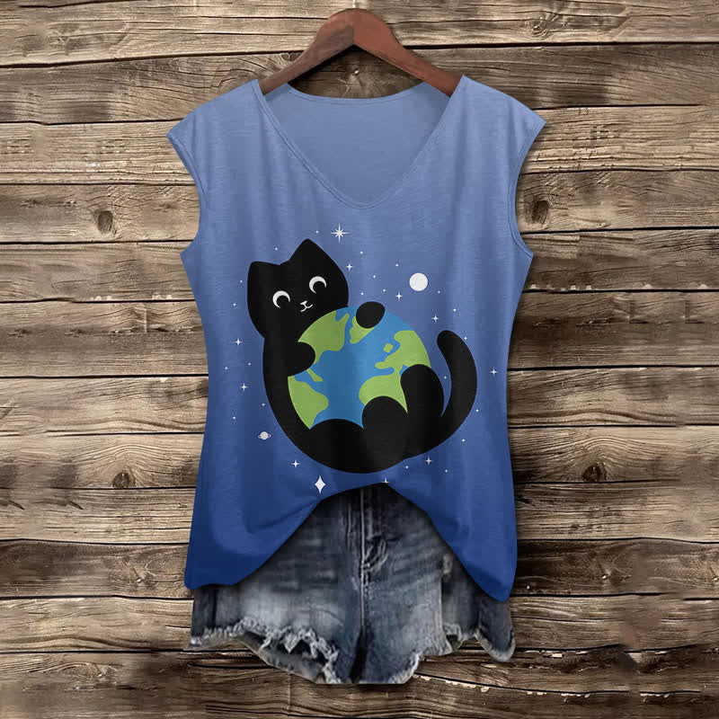 Women's Funny Cat Holding The Earth Art Print V-neck Tank Top - Ombre Blue - 5XL - image 8