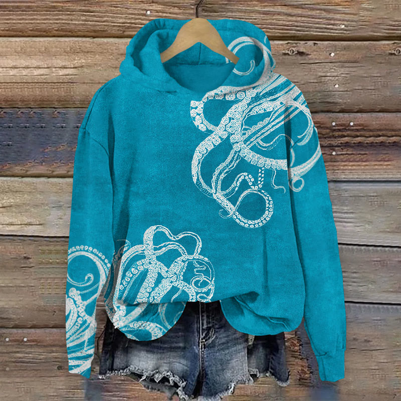 Japanese Octopus Legs Art Print Long Sleeve Hoodie - Lake Blue - 8XL - image 3