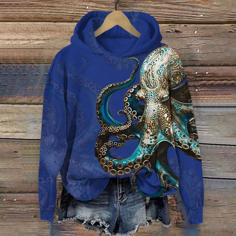 Vintage Mystical Geometric Octopus Print Long Sleeve Hoodie - Dark Blue - US44-46(8XL) - image 2