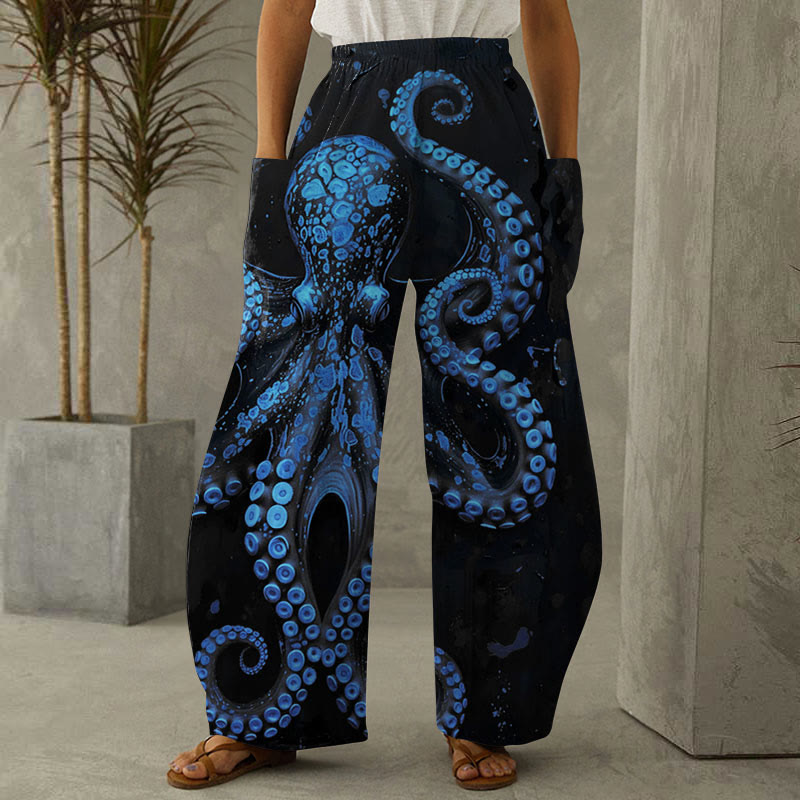 Vintage Octopus Art Print Casual Wide-leg Pants - Dark Blue - 6XL - image 2