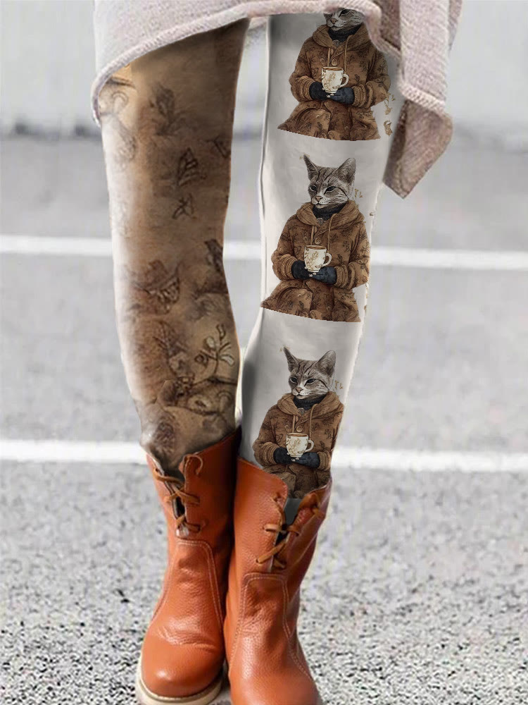 Winter Funny Cute Wonderland Clothing Floral Cat Printed Women's Leggings