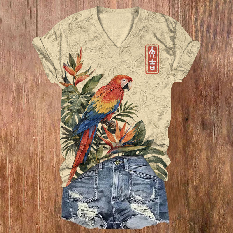Tropical Parrot Foliage Oriental Print Short Sleeved V-Neck T-Shirt - Apricot - US32-34(5XL) - image 3