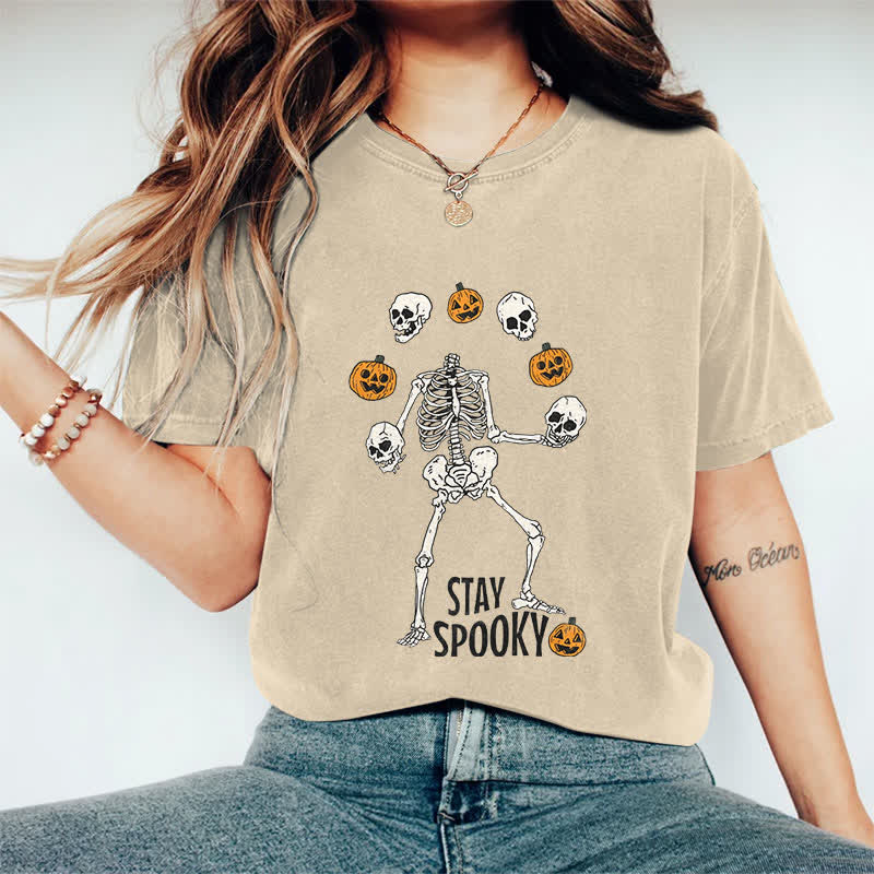 100% Cotton Women's Halloween Funny Stay Spooky Art Print Casual T-shirt - Apricot - 2XL - image 3