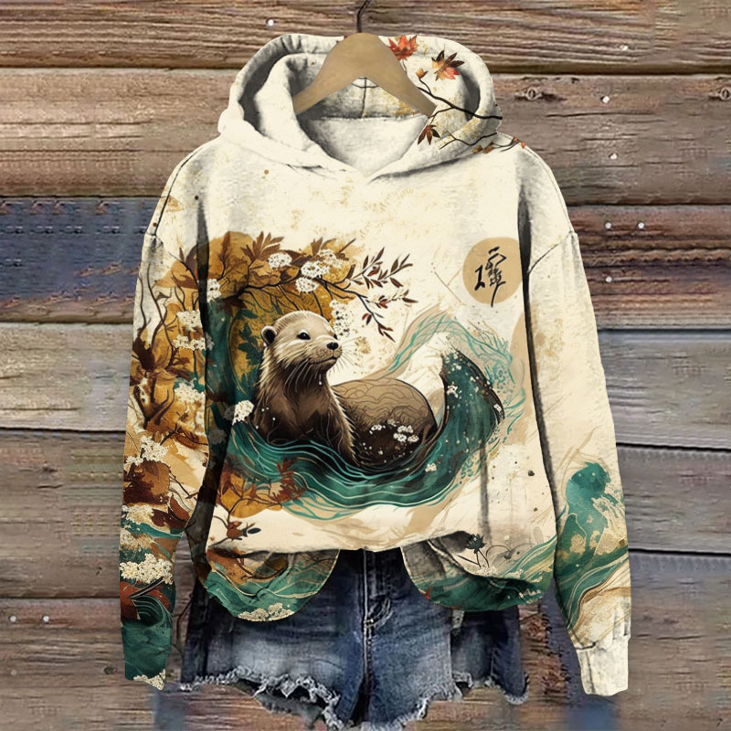 Japanese Otter Print Long Sleeve Hoodie - Apricot - 8XL - image 1