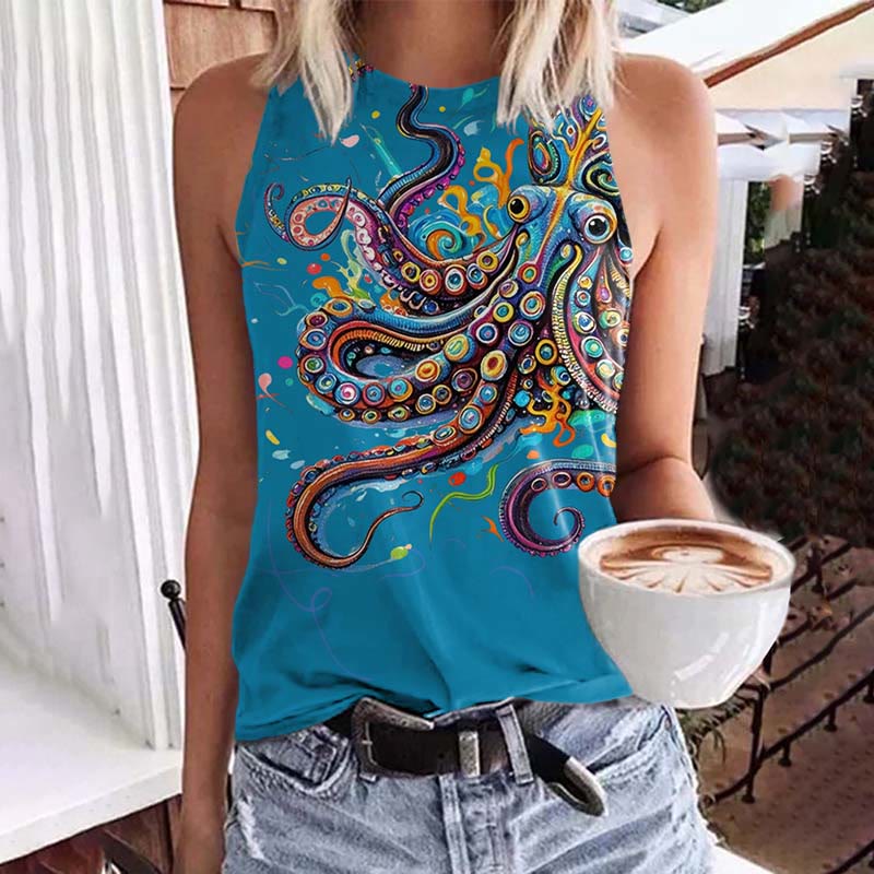 Vintage Rainbow Octopus Art Print Crew Neck Tank Top - Lake Blue - 5XL - image 7