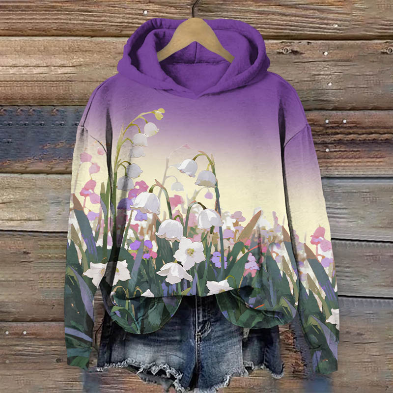 Ombre Campanula Blossom Art Print Long Sleeve Hoodie - Purple - US44-46(8XL) - image 3