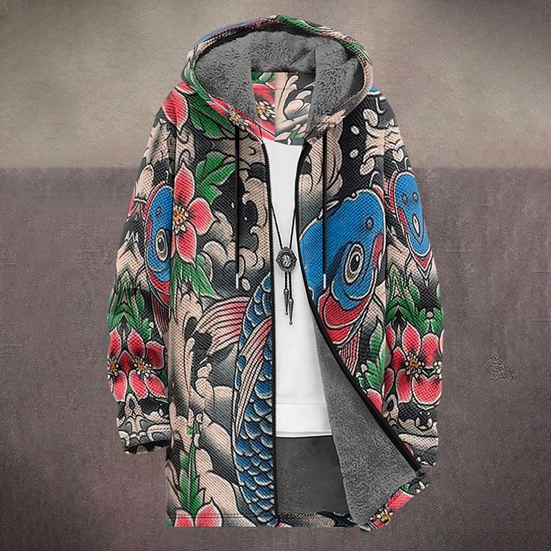 Japanese Funny Colorful Floral Koi Print Unisex Plush Thick Long-sleeved Fleece Jacket Coat - image 2