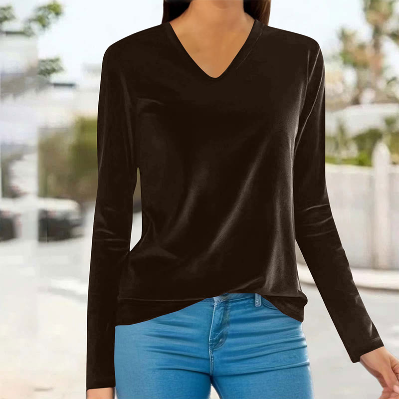 Velvet Solid Color Women's Versatile Slim Fit Long Sleeve V-Neck T-Shirt - Coffee - 3XL - image 4