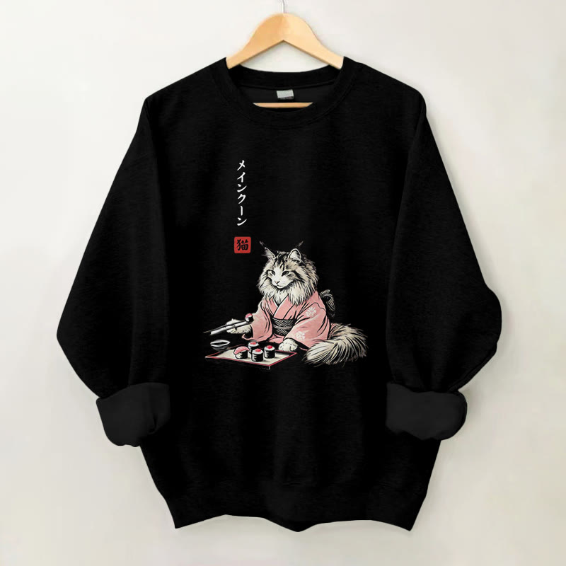100% Cotton Maine Cat With Sushi Print Round Neck Casual Fleece Sweatshirt - Black - 2XL - image 4