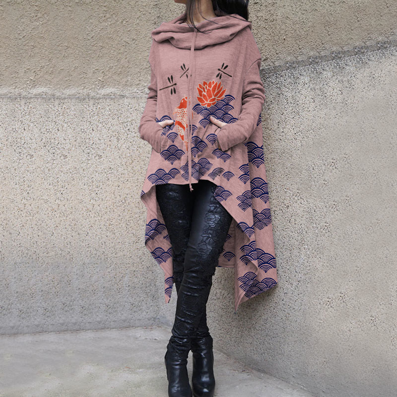 Dashingsoul Japanese Style Koi Fish Dragonfly Wave Art Print Casual Hoodie