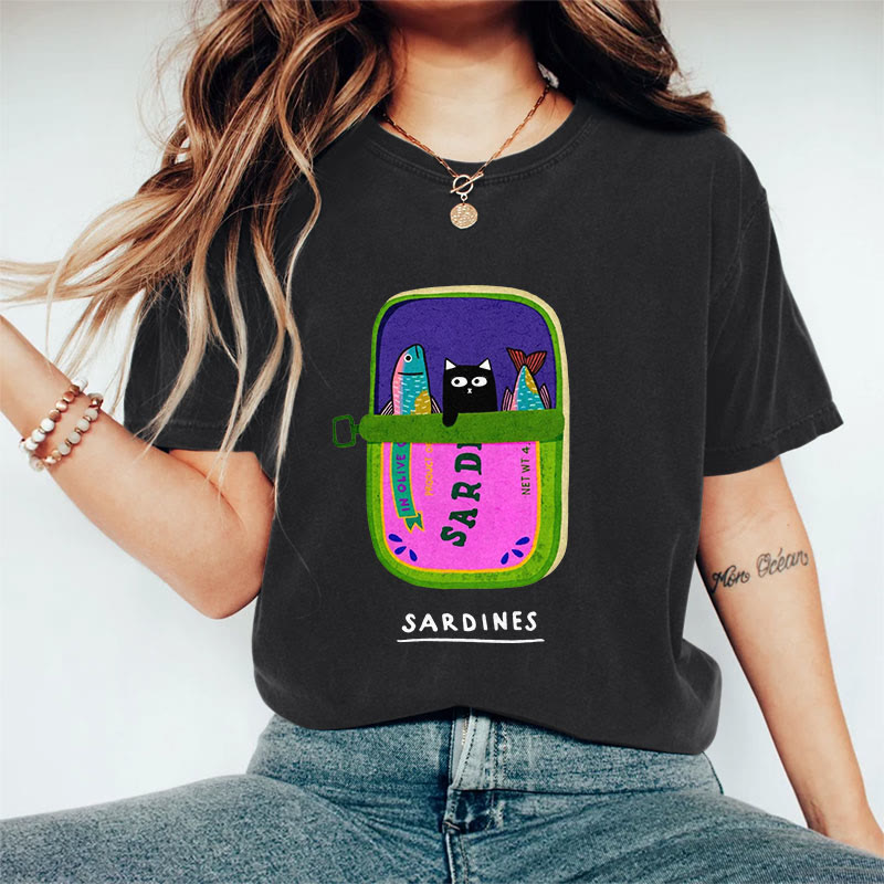 100% Cotton Women's Lovely Black Cat & Sardines Art Print Casual T-shirt - Black - 2XL - image 2