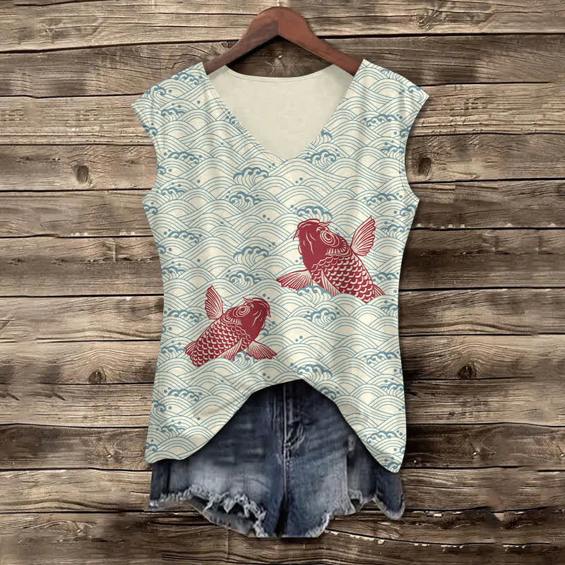 Women's Japanese Wave & Red Koi Art Print V-neck Tank Top - Light Blue - 5XL - image 2