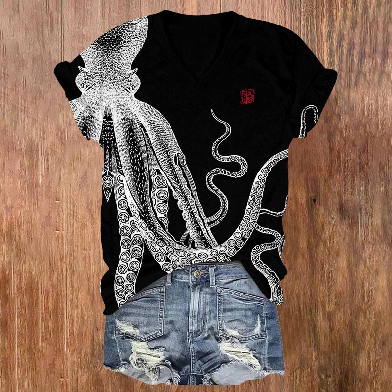 Japanese Art Octopus Art Print T-shirt - Black - US32-34(5XL) - image 3