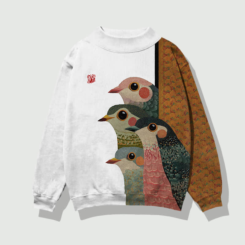 Japanese Retro Rainbow Birds Pattern Print Mock Neck Sweatshirt - White - 4XL - image 4