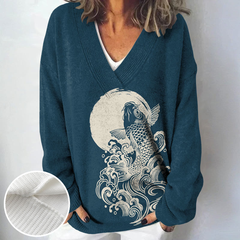 Carp Jump Sunrise Japanese Art Print Causal V-neck Pullover Sweater - image 3