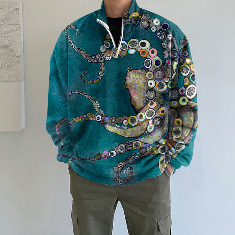 Dashingsoul Colorful Octopus Oil Painting Print Zip Sweatshirt
