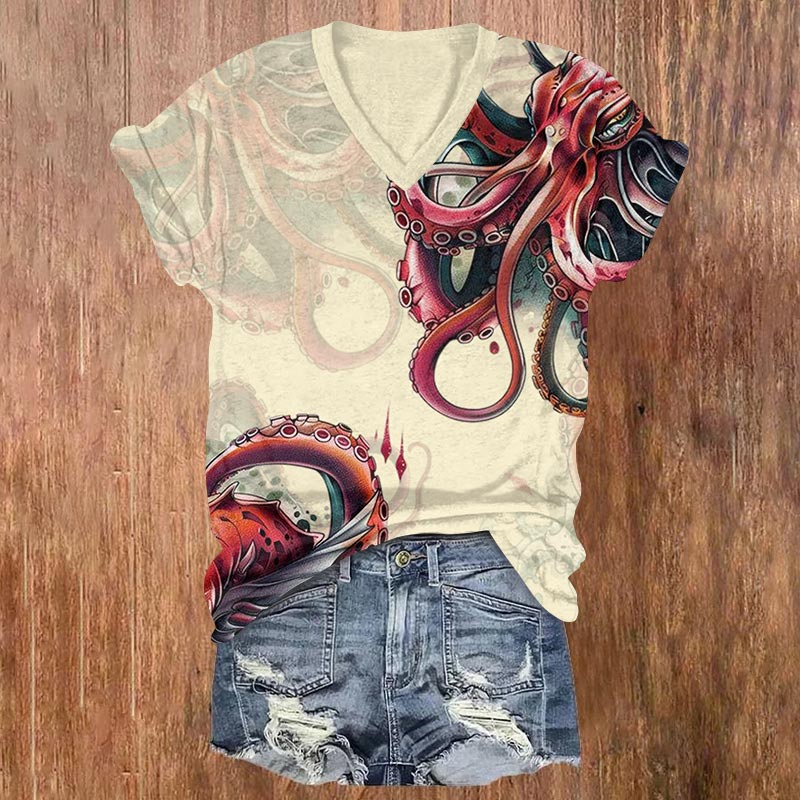 Retro Octopus Art Print V-neck T-shirt - Yellow - US32-34(5XL) - image 4