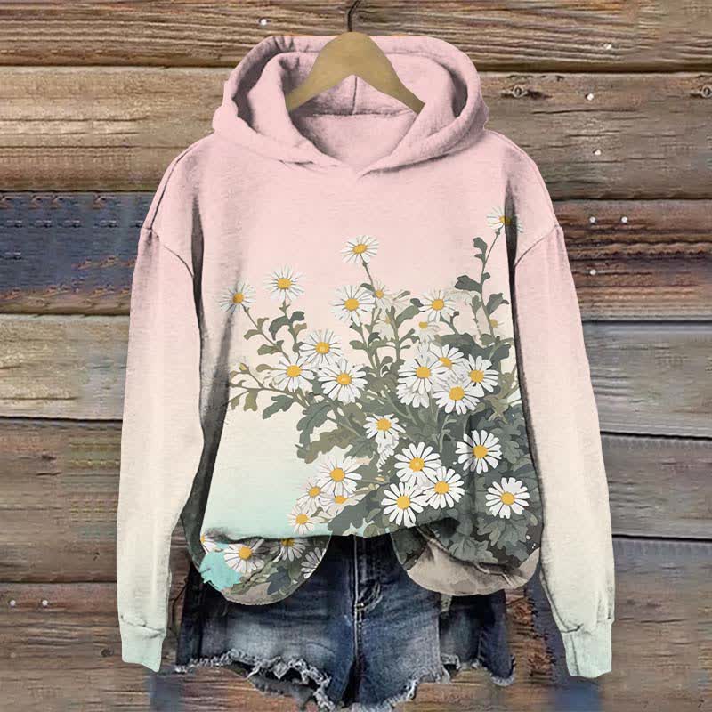 Japanese Lovely Daisy Art Print Long Sleeve Hoodie - Pink - US44-46(8XL) - image 3