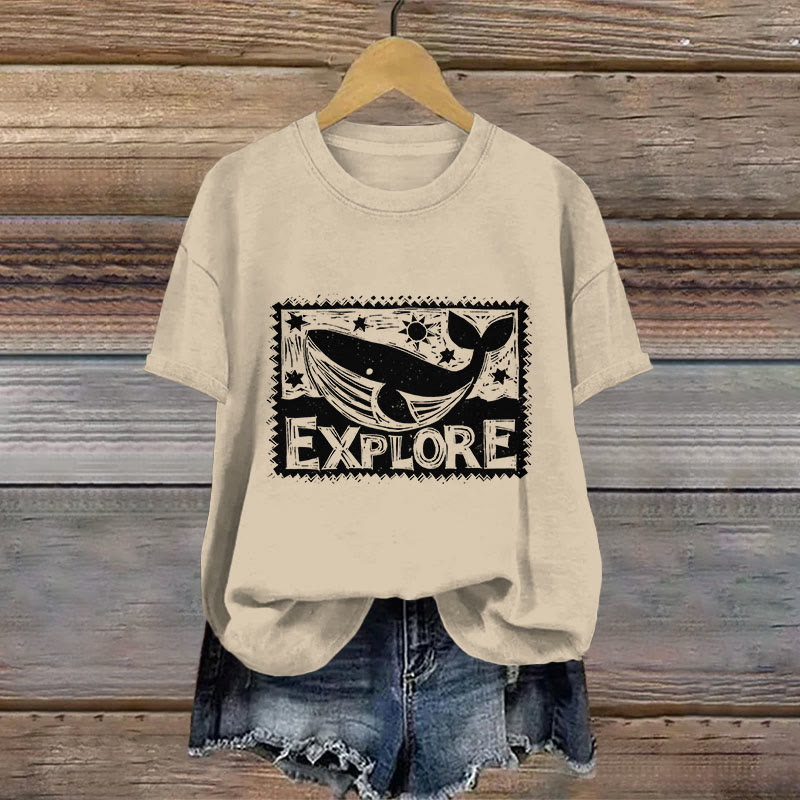 Dashingsoul 100% Cotton Whale Lino Art Print T-shirt